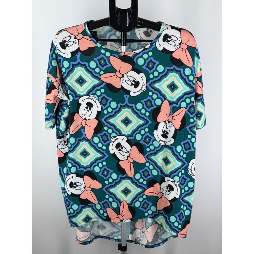 LuLaRoe Disney Minnie Mouse Irma Tunic Top Teal Green Geometric High Low S